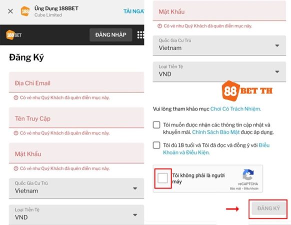 Nhập thông tin bạn muốn đăng ký 188BET